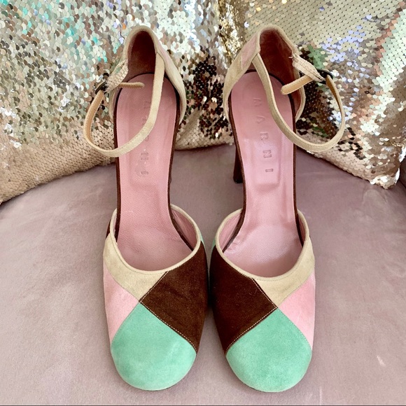 Marni Shoes - Marni Patchwork Suede Ankle Strap Heels Size 8.5